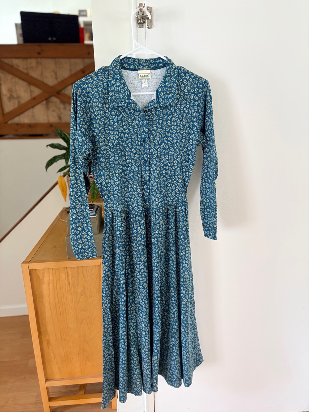 Vintage L.L. Bean Teal Blue Floral Long-Sleeve Shirt Dress Women’s